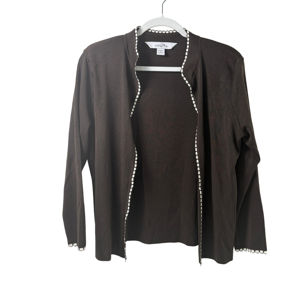 Ming Wang Cardigan Size S Brown Scalloped Trim Open Front Shoulder Pads Office